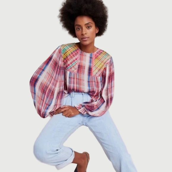 Blank London Tops - Anthropologie Bl-nk London Miranda Plaid Peasant Blouse Red Blue Medium Boho